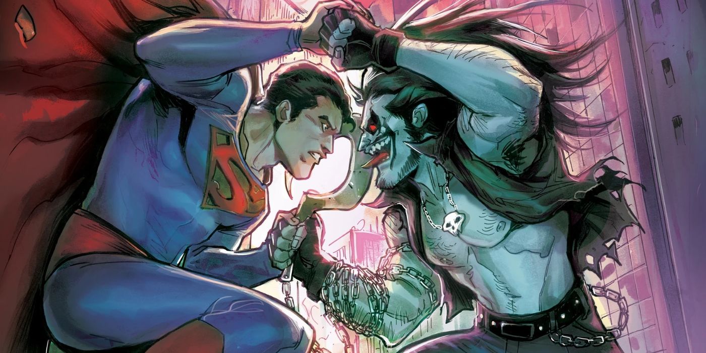 Superman battling Lobo in the City in Superman Vs. Lobo