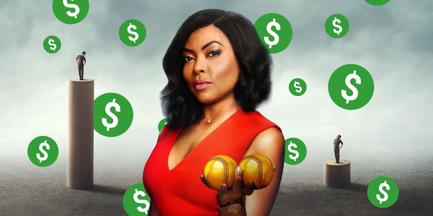 Taraji P. Henson holding two golden baseballs with money signs and a pay scale disparity behind her