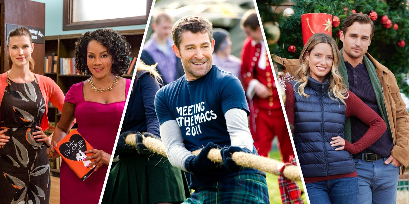 Sarah Lancaster as Annie and Vivica A. Fox as Della in Looking for Mr. Right (2014), Steven Brand as Conor MacDougal playing Tug-of-War in The Cabin (2011), and Merritt Patterson as Maya Owens and Jon-Michael Ecker as Alex Casillas in Gingerbread Miracle