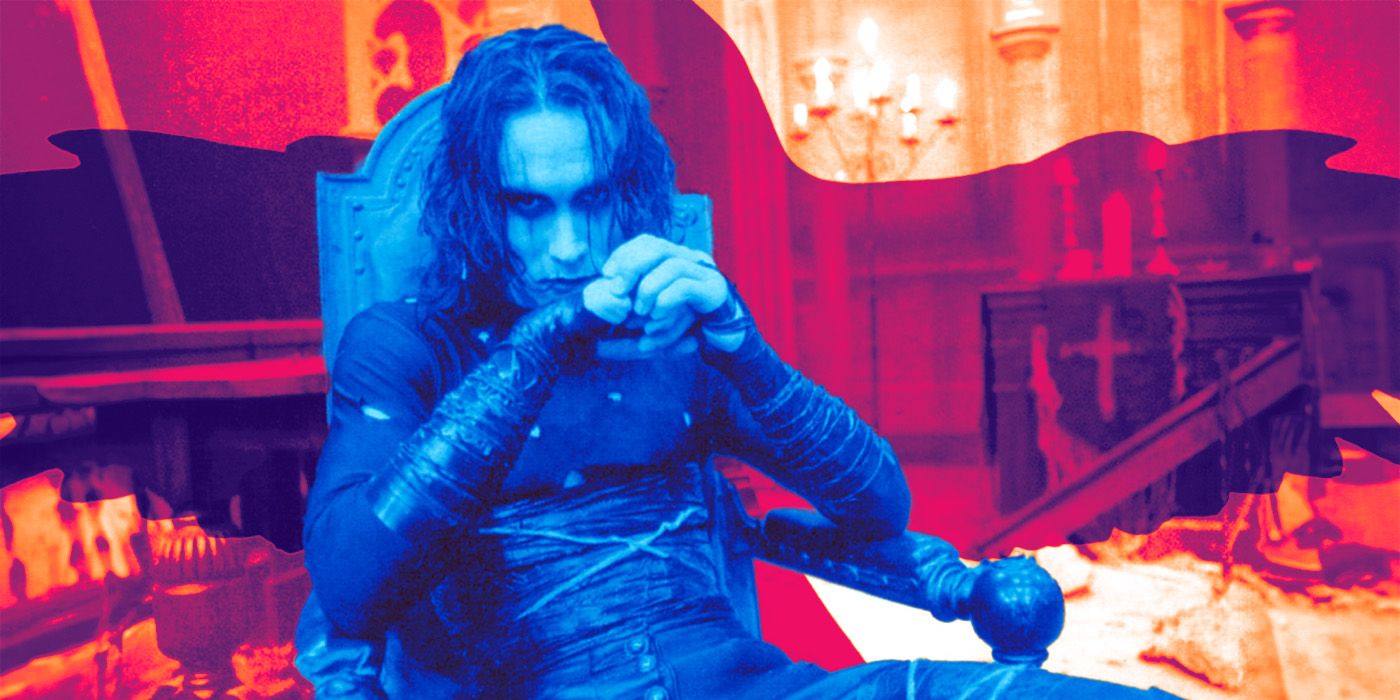 Brandon Lee as Eric wearing right black clothes with face paint and long dark hair sitting in a chair in The Crow