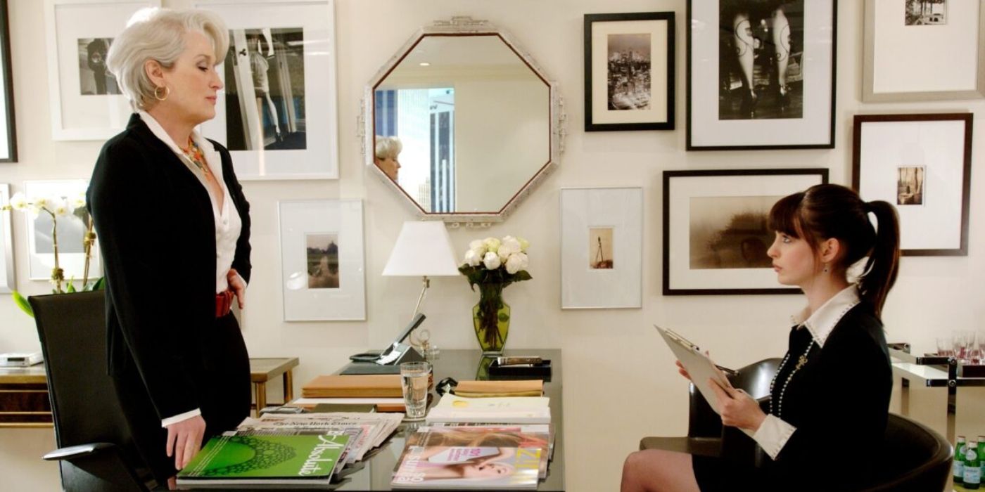 Meryl Streep as Miranda Priestly and Anne Hathaway as Andy Sachs in The Devil Wears Prada
