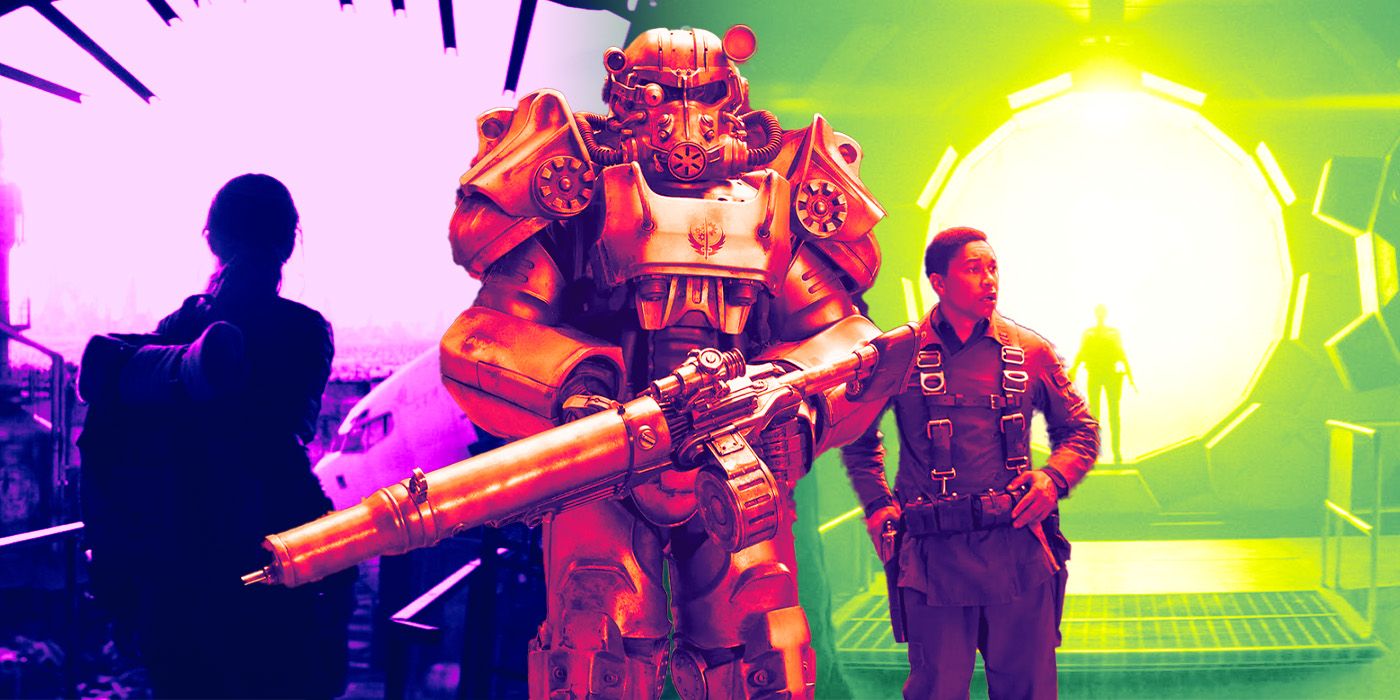 The Fallout series featuring a man in a power armor suit holding a large gun with a soldier next to him, and Ella Purnell as Lucy emerging from the vault