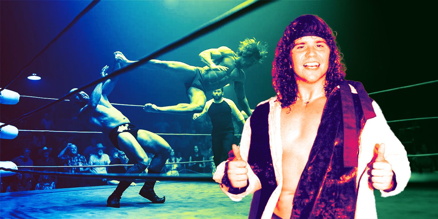 A background image of Zac Efron dropkicking a wrestler in the ring in The Iron Claw, and a picture of Chris Von Erich