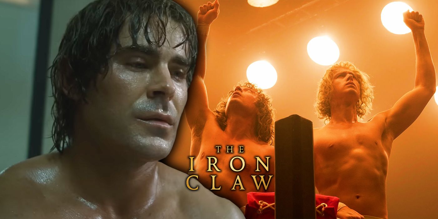 Edited image of Zac Efron, Jeremy Allen White, and Harris Dickinson in The Iron Claw
