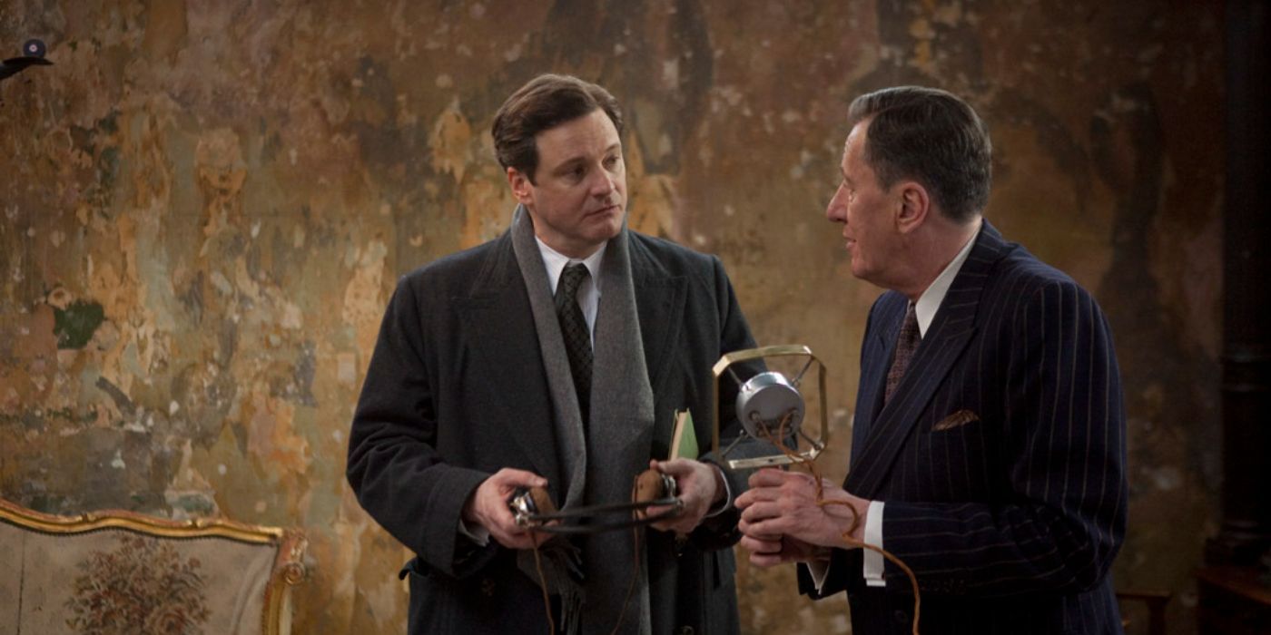 Colin Firth como Rei George e Geoffrey Rush como Lionel em O Discurso do Rei