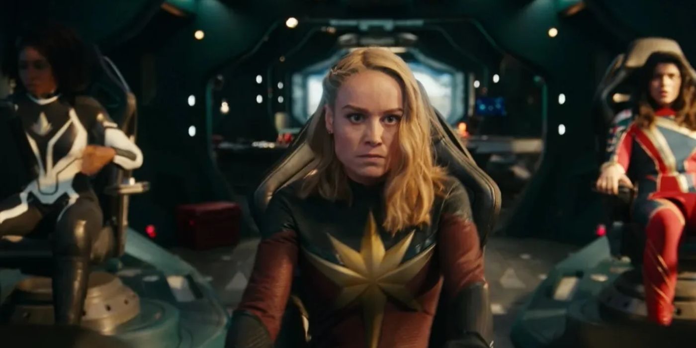 Brie Larson as Captain Marvel, Teyonah Parris as Marie Rambeau, and Iman Vellani as Ms Marvel flying a ship in The Marvels