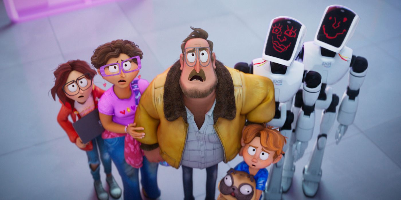 An animated family huddled next to two robots, looking up at us.