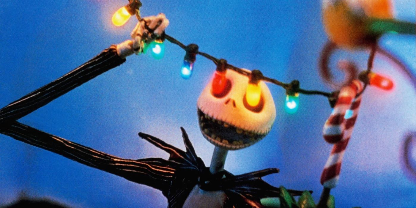 The Nightmare Before Christmas Jack holds christmas lights up to his eyes