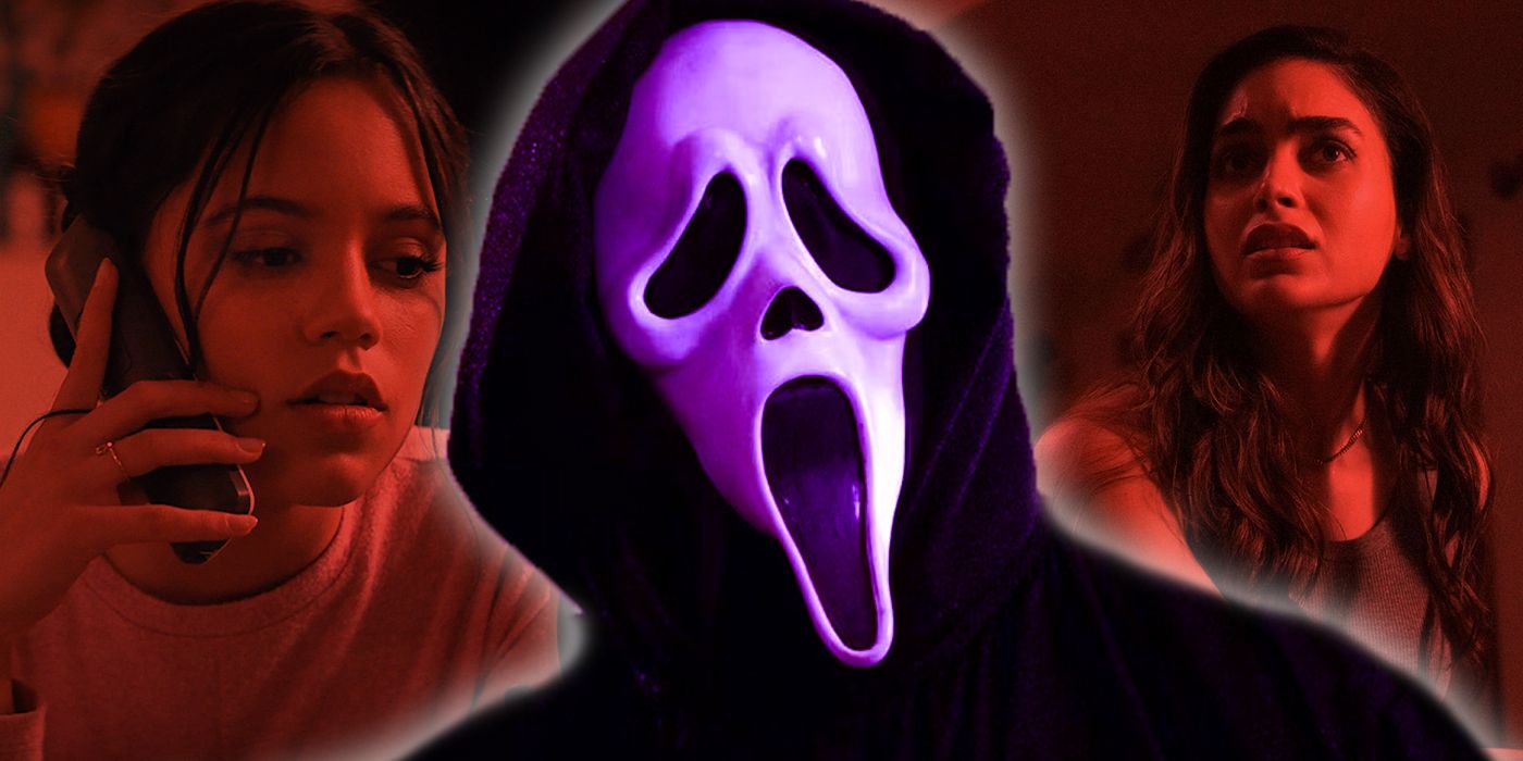 Jenna Ortega as Tara Carpenter and Melissa Barrera as Samantha Carpenter with Ghostface between them in Scream VI