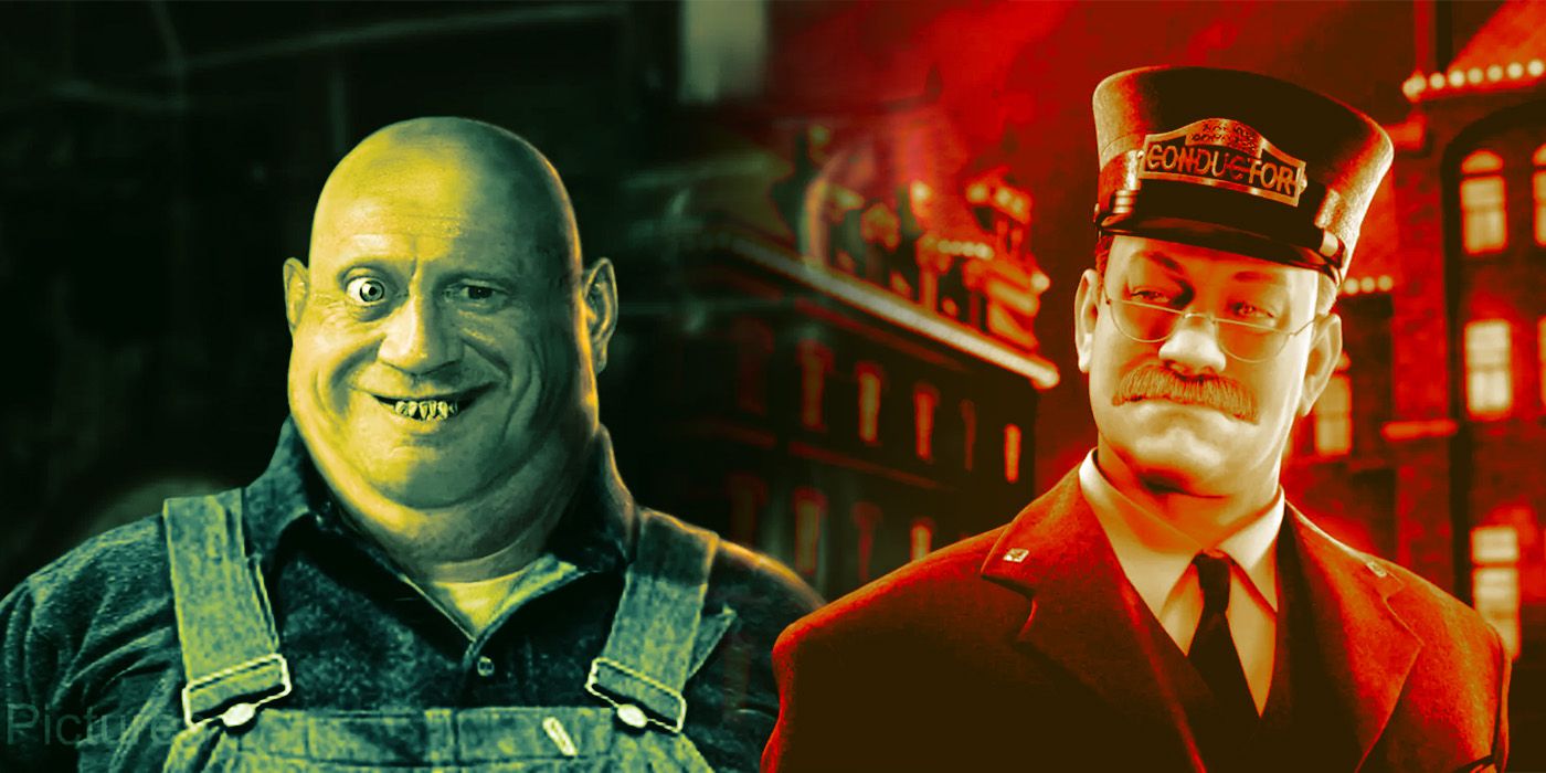 A split-screen image of a creepy man and the conductor from The Polar Express
