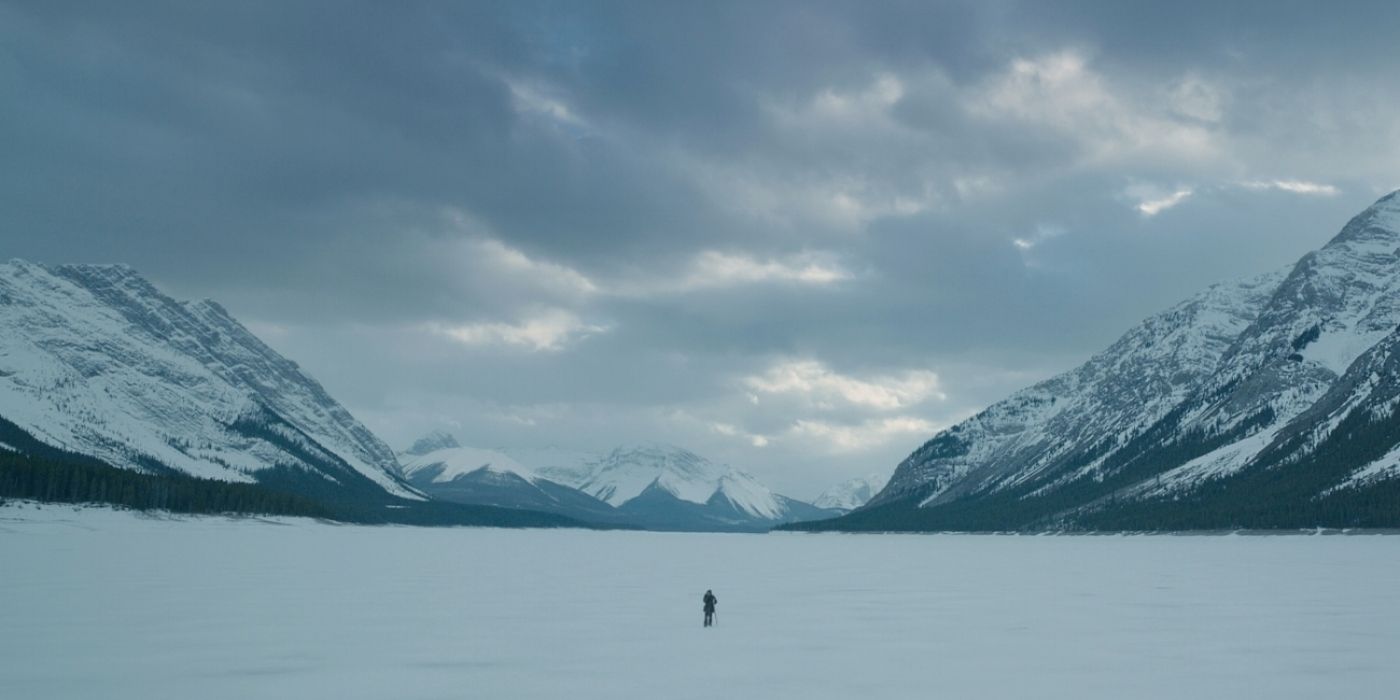 A long shot of The Revenant's wintry mountain landscape