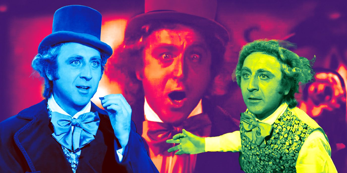 A collage of Gene Wilder playing Willy Wonka in the original Willy Wonka and the Chocolate Factory movie