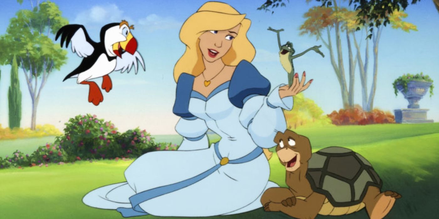 The Swan Princess Odette and her animal friends sitting outside together