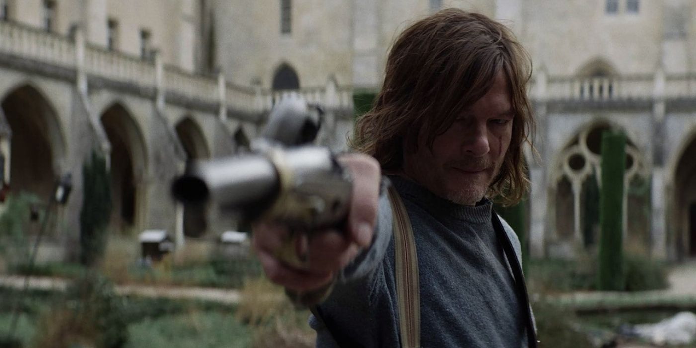 The Walking Dead Daryl Dixon aponta uma arma parado do lado de fora