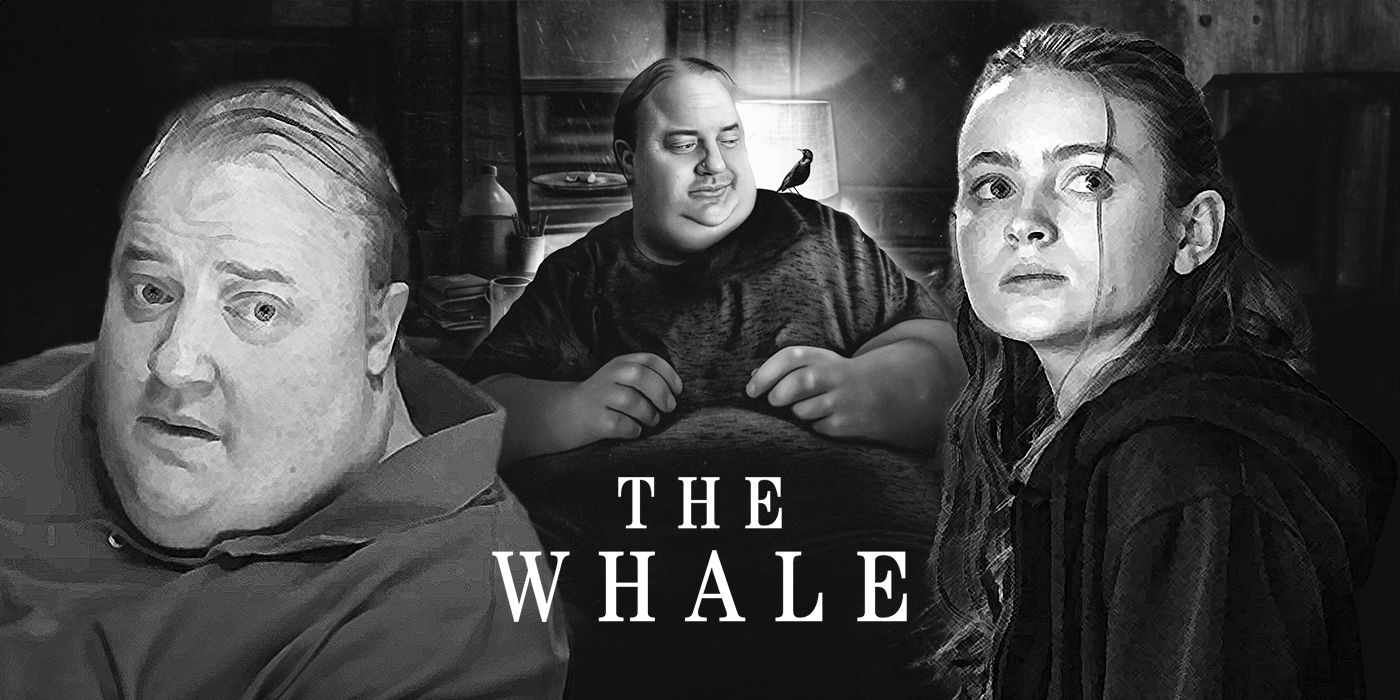 Black and white collage of Brendan Fraser and Sadie Sink in The Whale