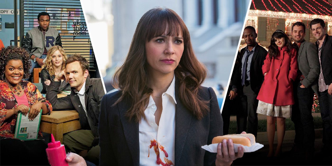 Split screen image between stills from Community, Angie Tribeca, and New Girl