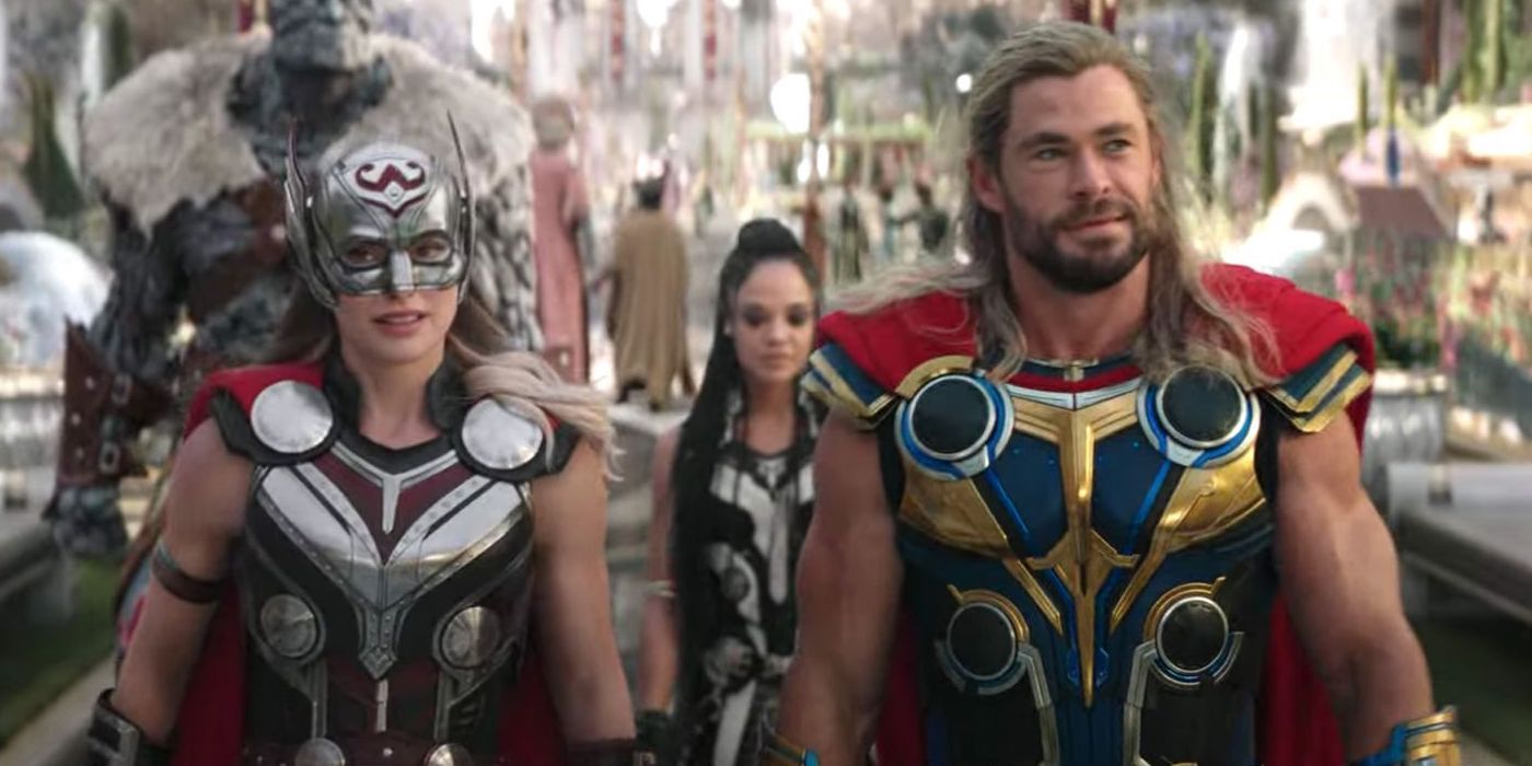 Thor: Love And Thunder Natalie Portman as Jane Foster, Tessa Thompson as Valkyrie, and Chris Hemsworth as Thor