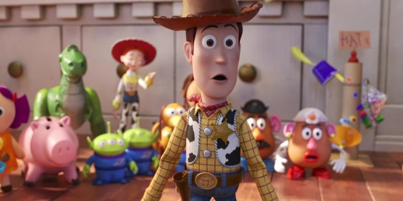 Toy Story 3 with Woody looking shocked, while other toys look on in the background