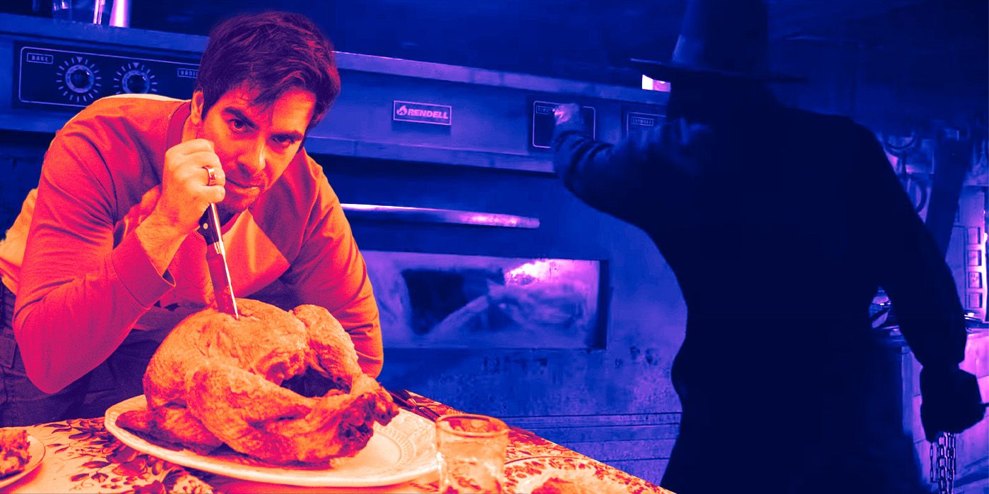 Eli Roth cutting into a turkey with a large knife and John Carver in a pilgrim suit in Thanksgiving.