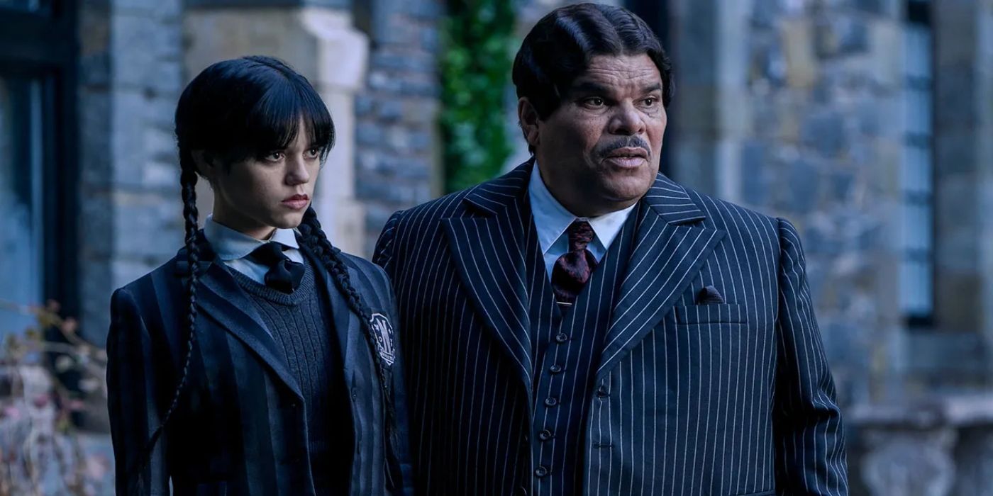 Jenna Ortega as Wednesday Addams and Luis Guzmán as Gomez Addams in Wednesday