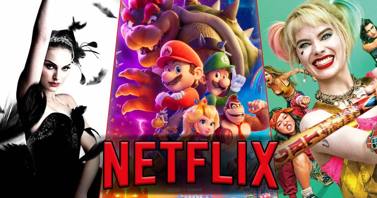 Split image of posters for Black Swan, Super Mario Bros., and Birds of Prey behind the Netflix logo