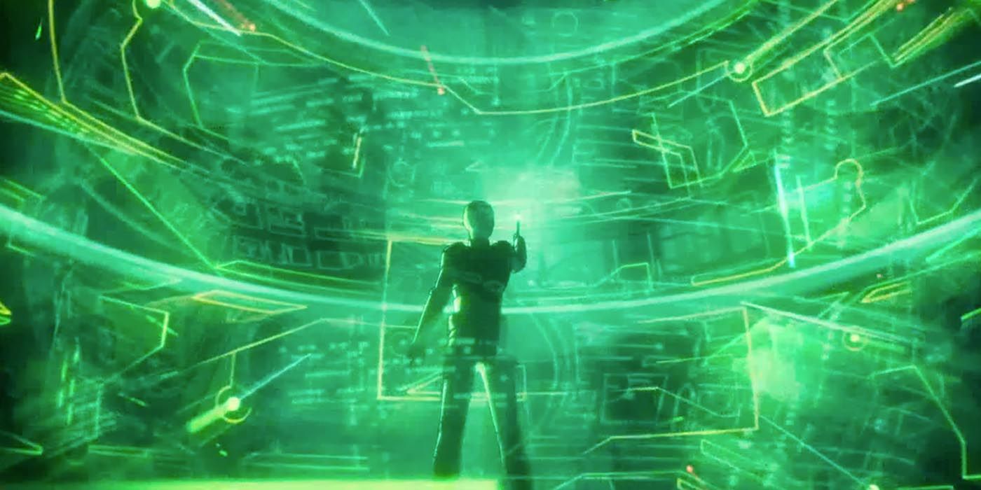 Someone surrounded by green lights and technology in Marvel's What If...? series