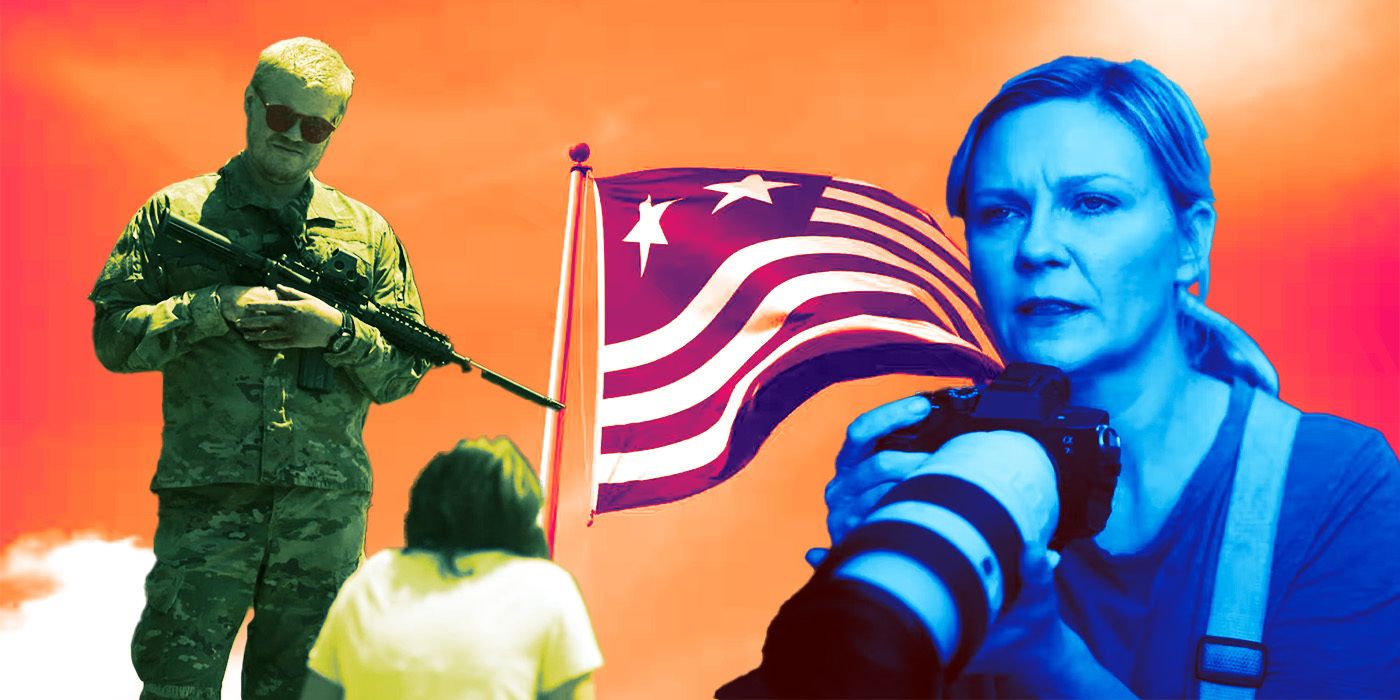 Jesse Plemons holding a rifle, and flag of the seceeded states, and Kirsten Dunst holding a camera in Alex Garland's Civil War