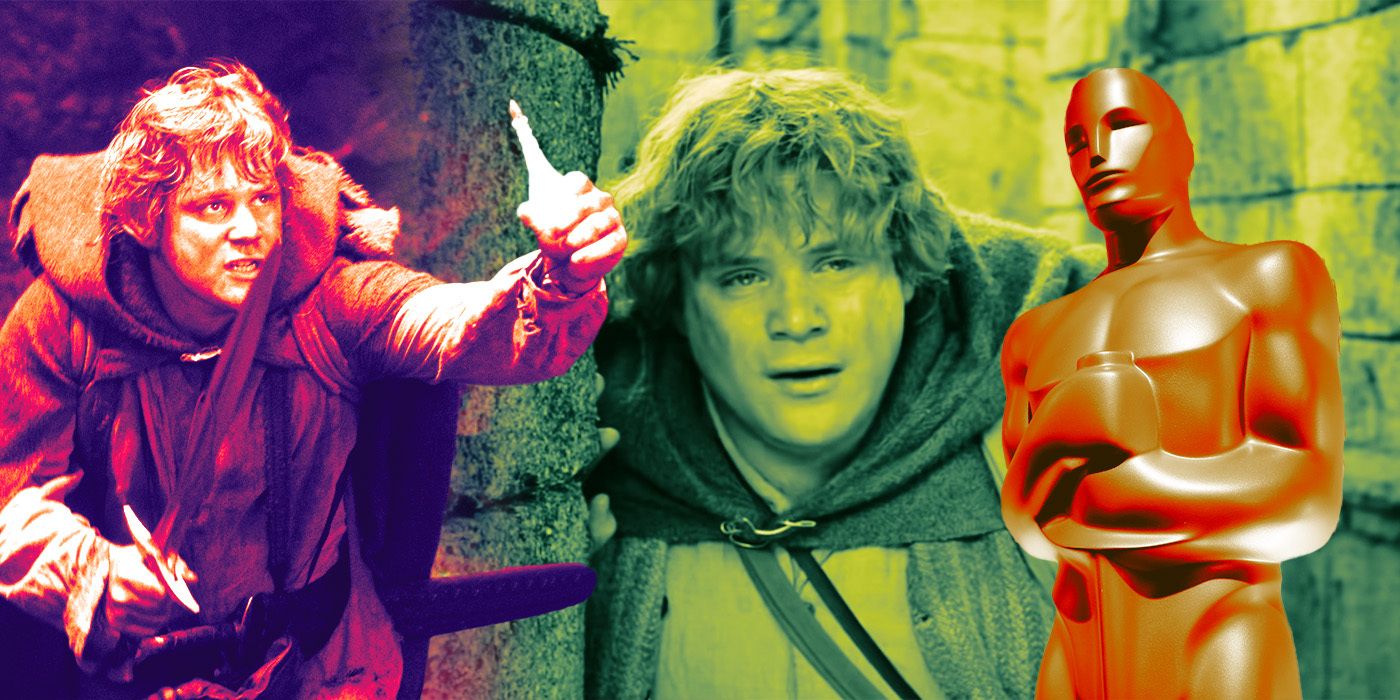 Sean Astin as Samewise Gamgee in Lord of the Rings: Return of the King and an oscar statue
