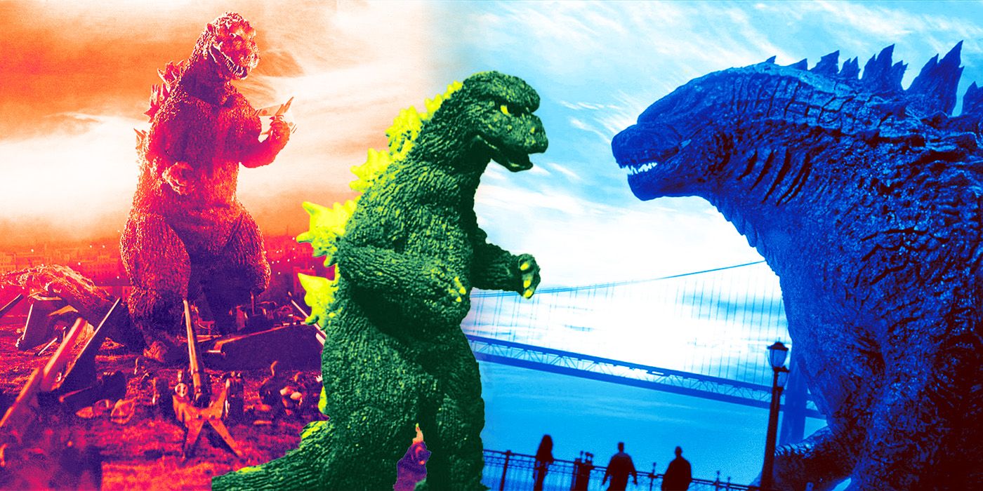Various iterations of Godzilla, with the MonsterVerse version and original version towering over cities