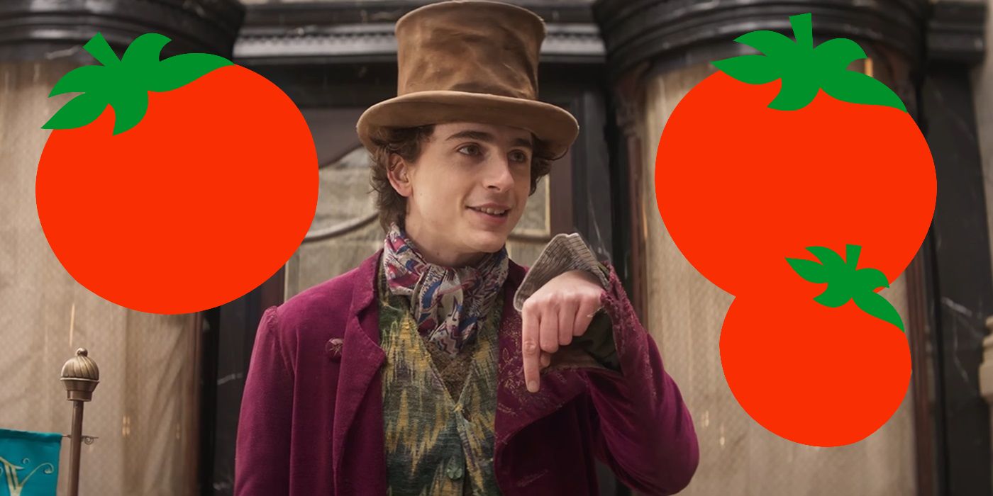Timothée Chalamet as Willy Wonka surrounded by tomatoes.