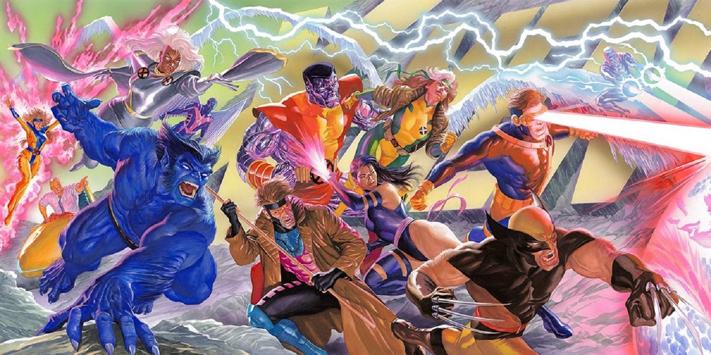 Jean Grey, Fera, Tempestade, Gambit, Colosus, Vampira, Psylocke, Wolverine, Ciclope e Homem de Gelo em batalha em uma história em quadrinhos dos X-Men dos anos 1990