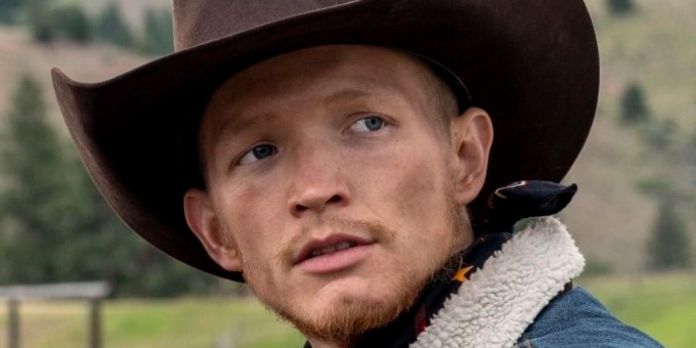 Jefferson White as Jimmy in Yellowstone wearing a jean jacket with a brown cowboy hat in Montana.