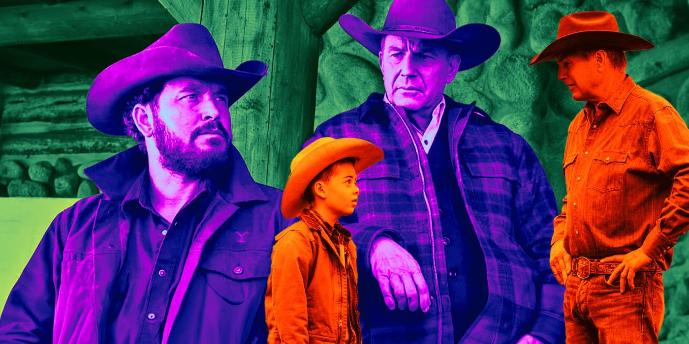 Characters from Yellowstone, including Kevin Costner's John Dutton, Cole Hauser's Rip, and Brecken Merrill as Tate Dutton in cowboy gear on their ranch.