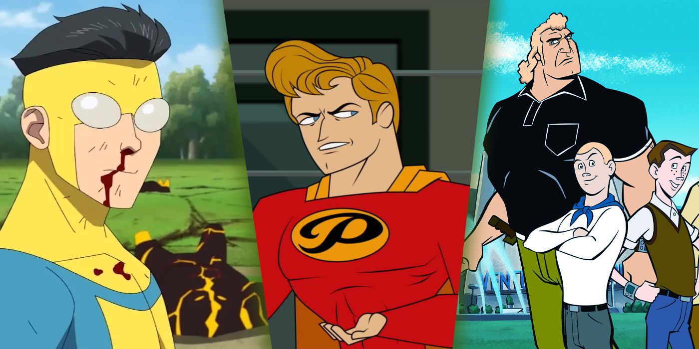 Split-screen image of Invincible, The Awesomes, and The Venture Bros.