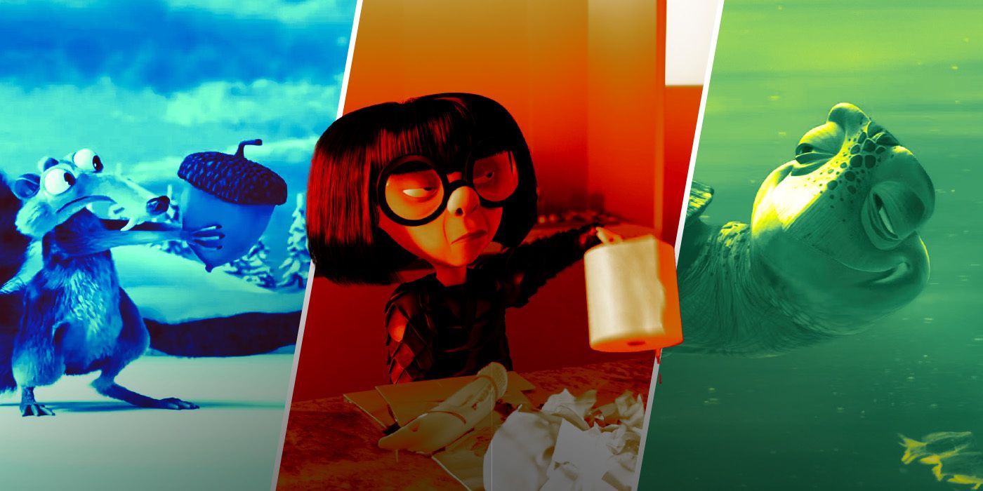 Scrat from Ice Age, Edna Mode from The Incredibles, and Crush from Finding Nemo