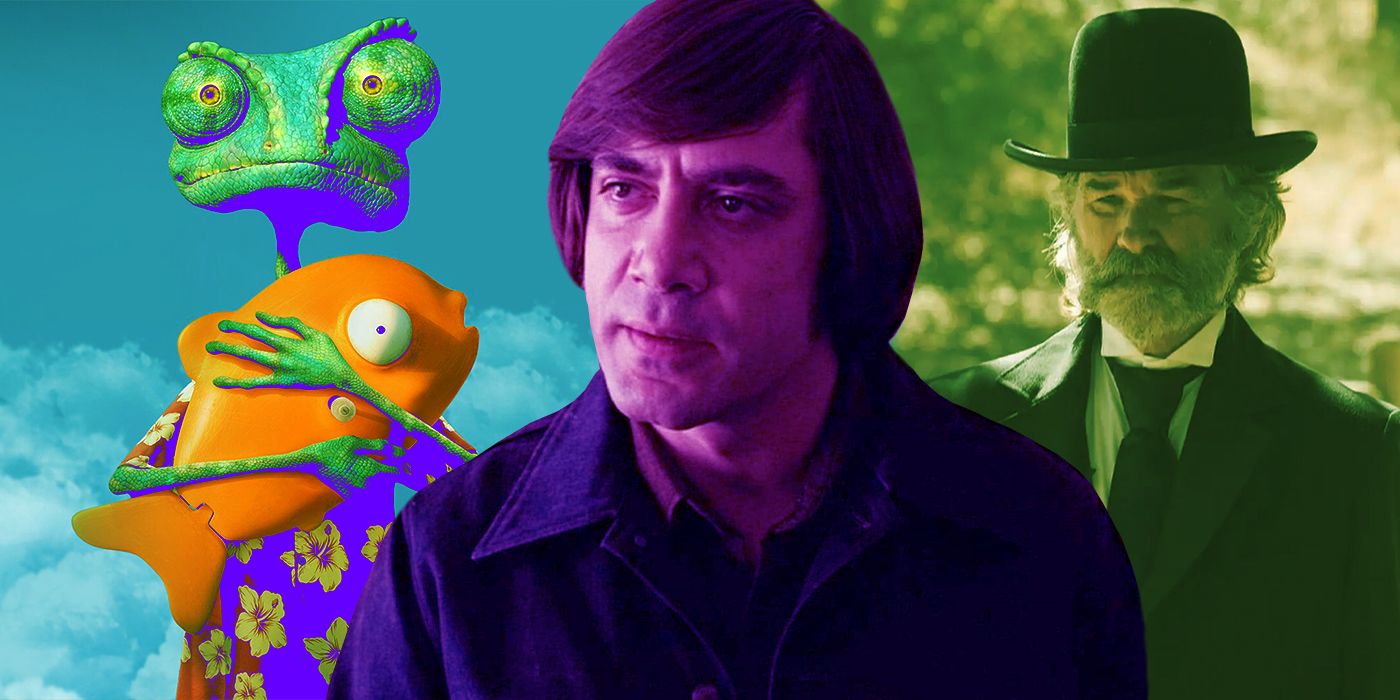 An edited image of Rango, No Country for Old Men, and Bone Tomahawk