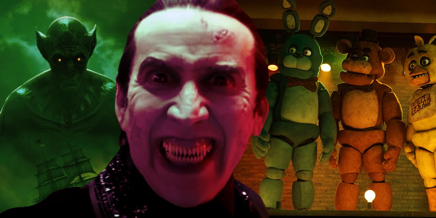 Dracula from The Last Voyage of the Demeter, Nicolas Cage as Dracula from Renfield, and the animatroincs from Five Nights at Freddys