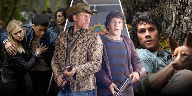 A scene from 2012, Woody Harrelson and Jesse Eisenberg from Zombieland, a man and his dog from Love and Monsters