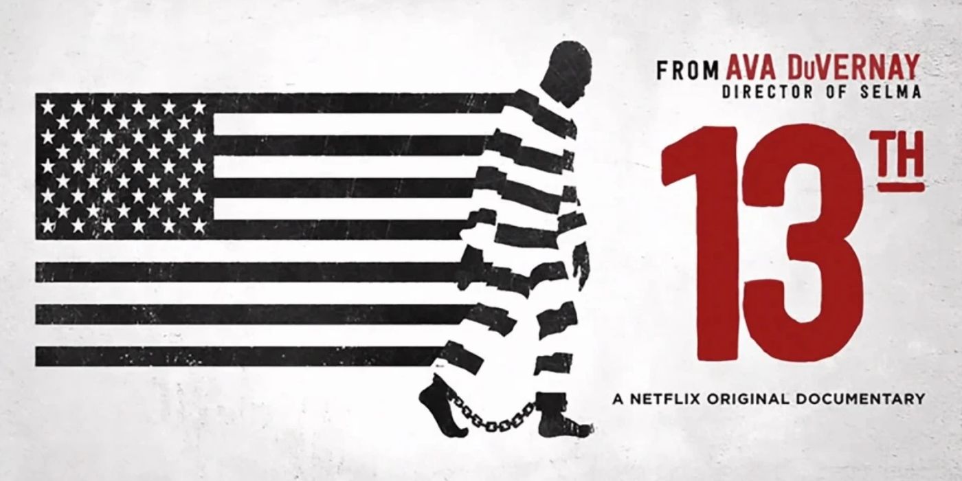 Banner for "13th" showing a black and white American flag morphing into a Black man in a prison uniform