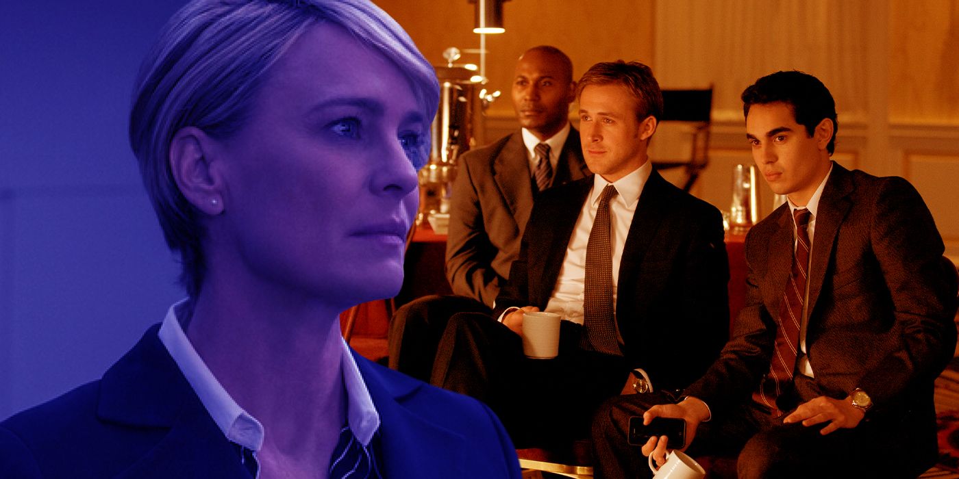An edited image of The Ides of March movie with Ryan Gosling and Robin Wright in House of Cards season 6