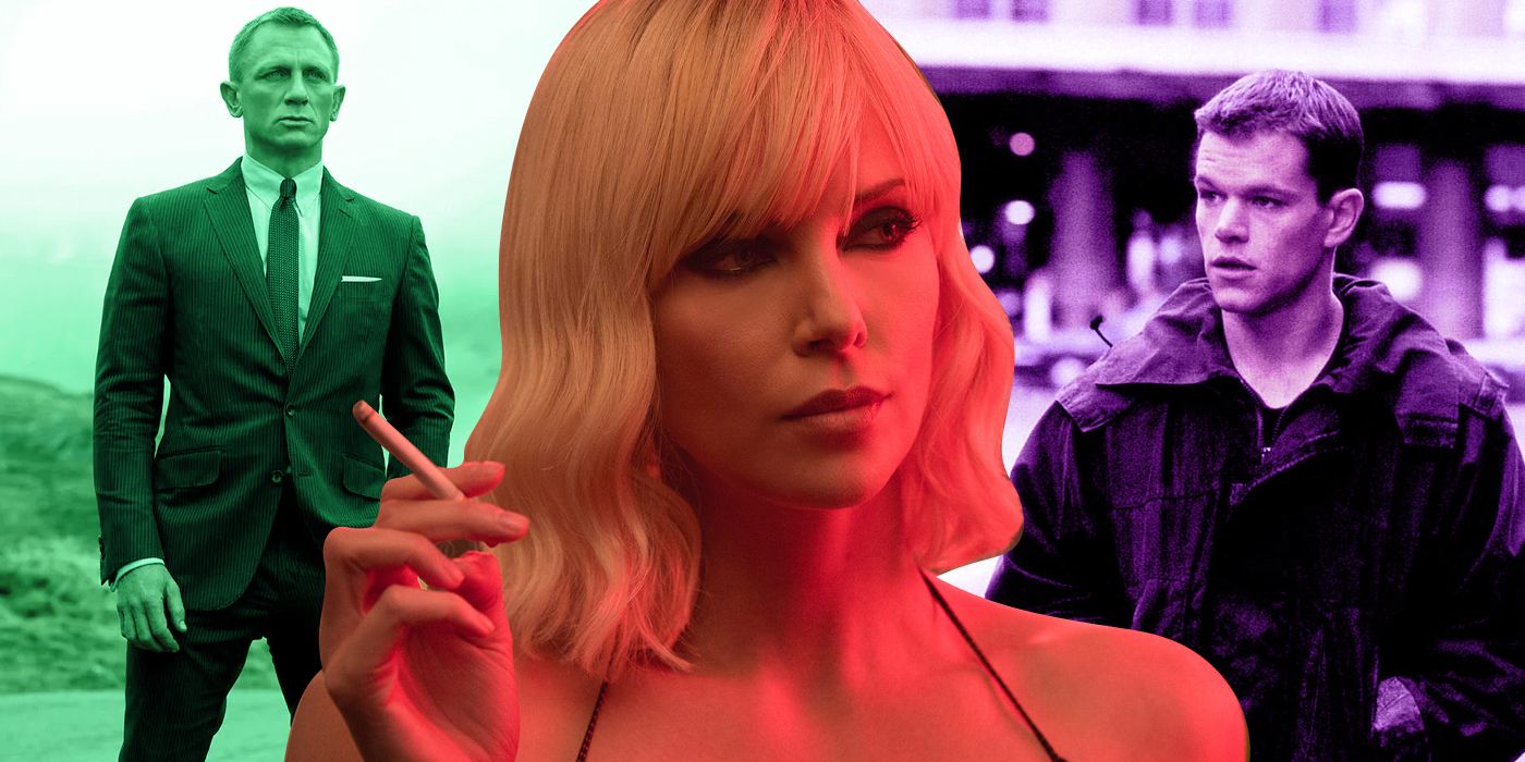 An edited image of Daniel Craig as James Bond in Skyfall, Charlize Theron as Lorraine Broughton in Atomic Blonde, and Matt Damon as Jason Bourne in The Bourne Identity