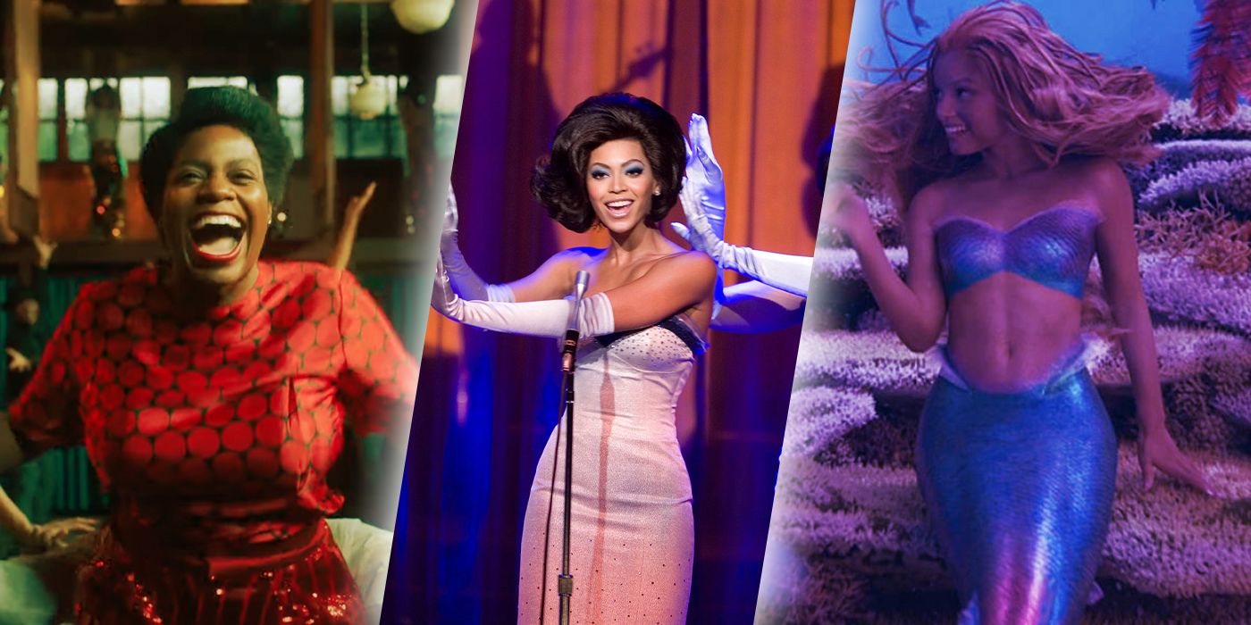 An edited image of Fantasia Barrino in The Color Purple, Beyoncé in Dreamgirls, and Halle Bailey in The Little Mermaid