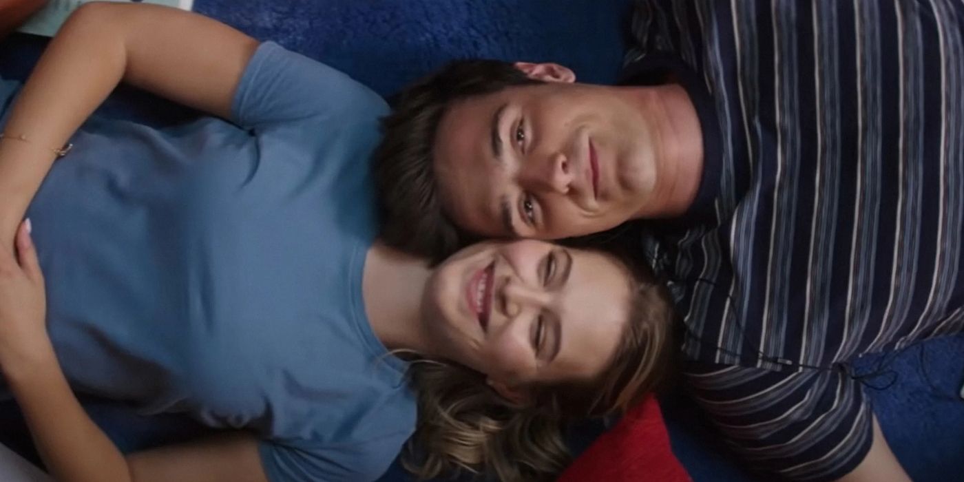Jacob Elordi and Tiera Skovbye lying down in 2 hearts movie