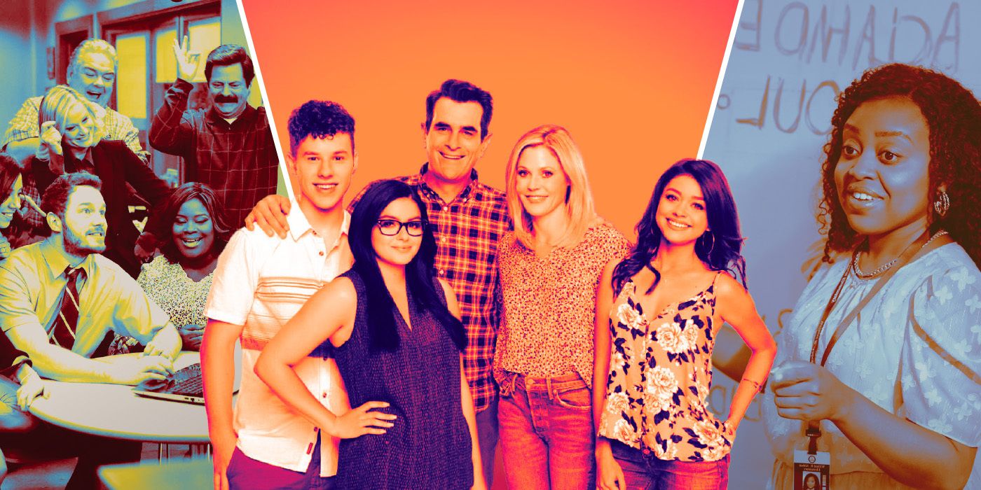 An edited image of Parks and Recreation, Modern Family, and Abbott Elementary