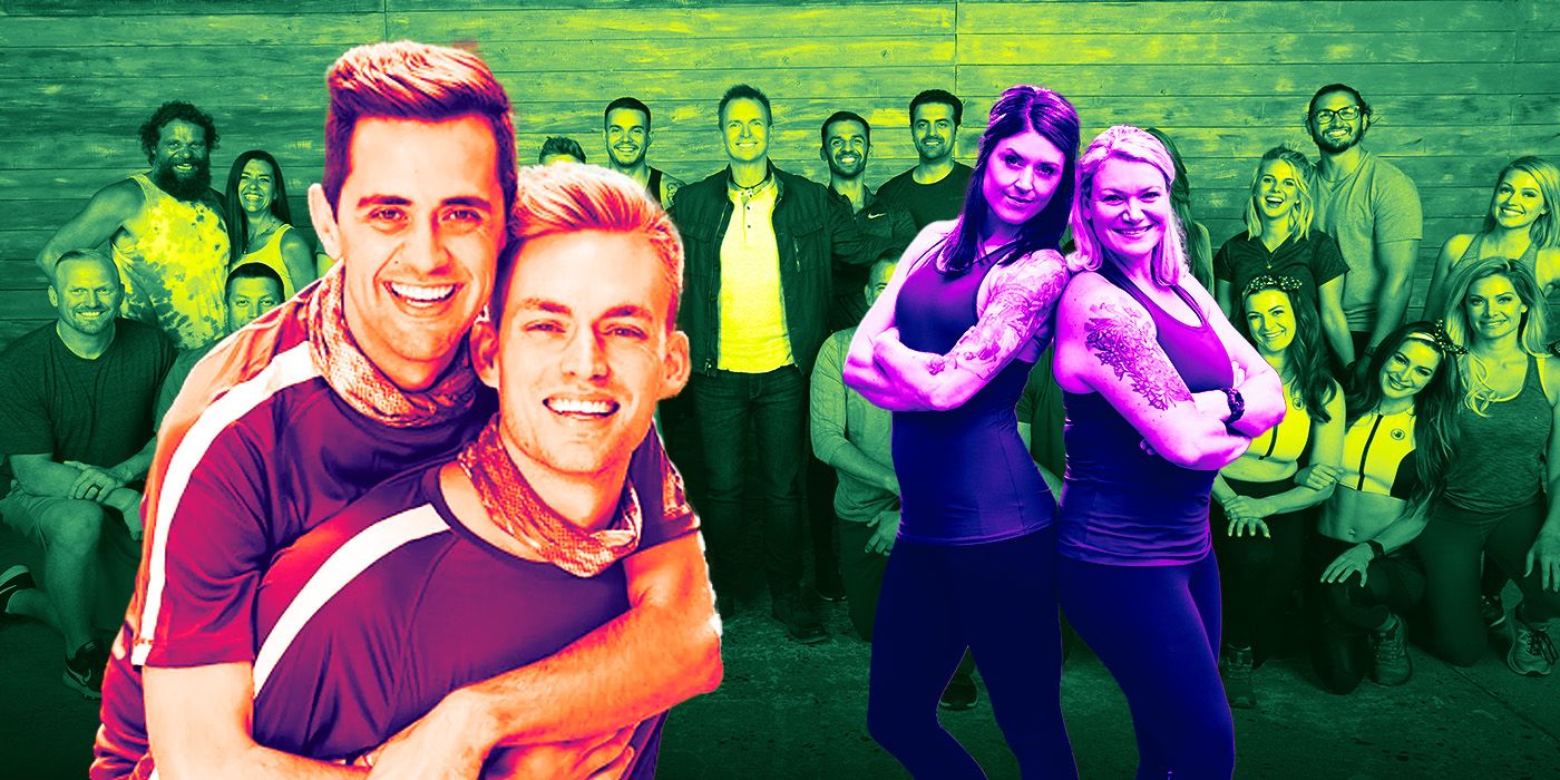 Various Amazing Race contestants throughout the years standing with their partners next to Phil Keoghan 