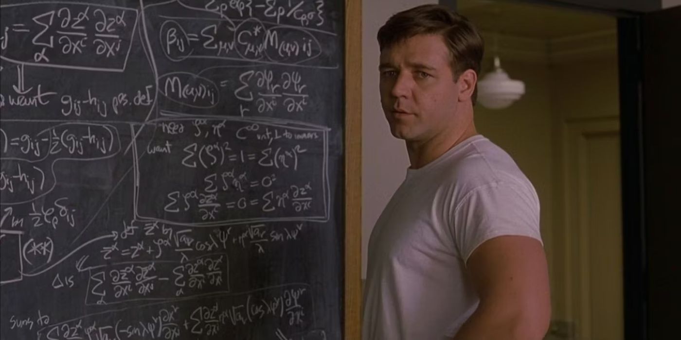 A Beautiful Mind Russell Crowe as John Nash standing in front of a blackboard with math equations