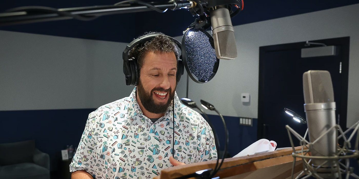 Adam Sandler recording lines for Netflix movie Leo with a cup in his hand