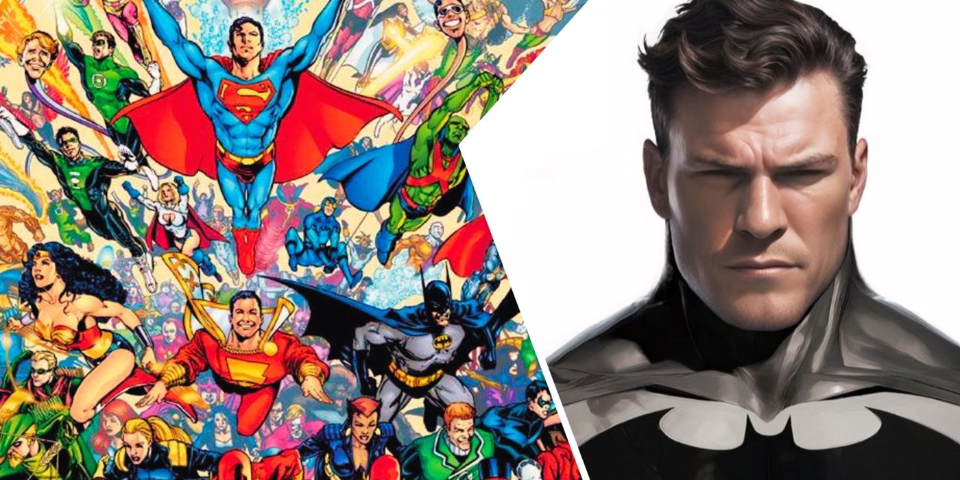 The DC cast of superheroes alongside artwork of Alan Ritchson as Batman.