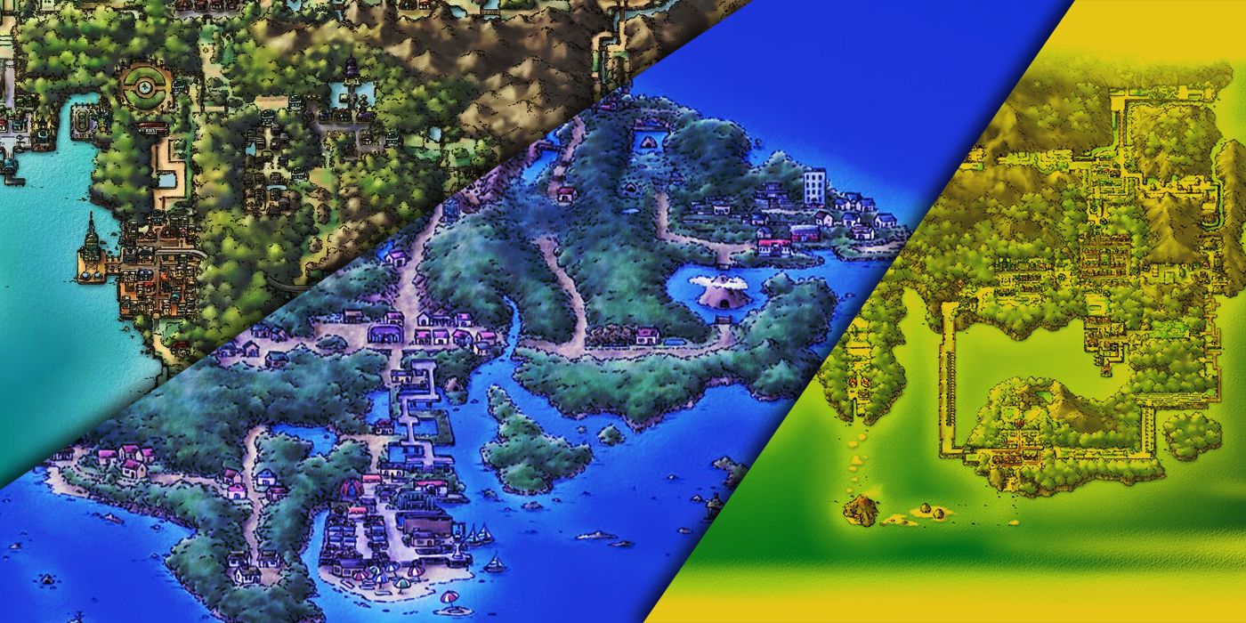 A split-screen image of three differen Pokémon region maps