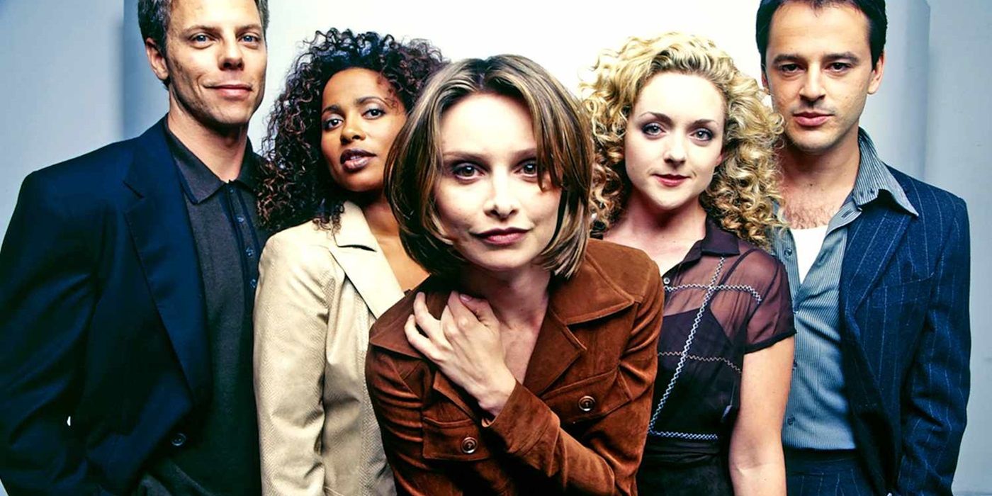 The main cast of Ally McBeal with Calista Flockhart in the middle.